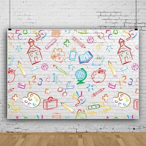 Back to School Backdrop, Hand Painted Pencils House Books White Brick Wall Background, First Day of School Decorations Banner, Baby Kids Children Photo Studio Props, 7x5FT