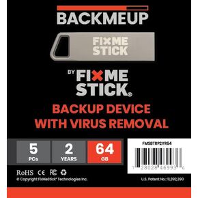 BackMeUp with FixMeStick - Automatic Virus-Free backups of Your Photos, Videos, and Personal Files, 5 PCs.