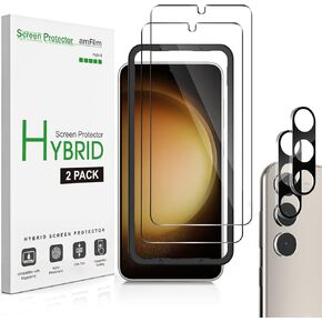amFilm [2+2 Pack Hybrid Film Screen Protector for Samsung Galaxy S23+/S23 Plus 6.6 Inch [100% Fingerprint ID Compatible] with Tempered Glass Camera Lens Protector and Easy Installation Tray.