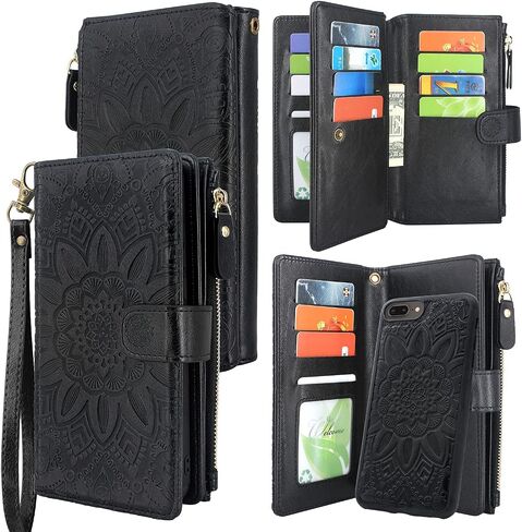 Harryshell Detachable Magnetic Zipper Wallet Leather Case Cash Pocket with 12 Card Slots Holder Wrist Strap for iPhone 8 Plus/iPhone 7 Plus / 6S Plus 5.5 Inch Floral Flower (Black) in Saudi Arabia