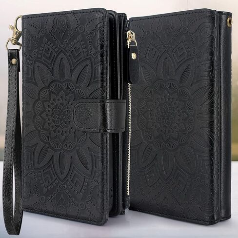 Harryshell Detachable Magnetic Zipper Wallet Leather Case Cash Pocket with 12 Card Slots Holder Wrist Strap for iPhone 8 Plus/iPhone 7 Plus / 6S Plus 5.5 Inch Floral Flower (Black) in Saudi Arabia