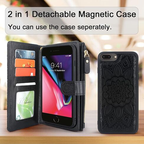 Harryshell Detachable Magnetic Zipper Wallet Leather Case Cash Pocket with 12 Card Slots Holder Wrist Strap for iPhone 8 Plus/iPhone 7 Plus / 6S Plus 5.5 Inch Floral Flower (Black) in Saudi Arabia