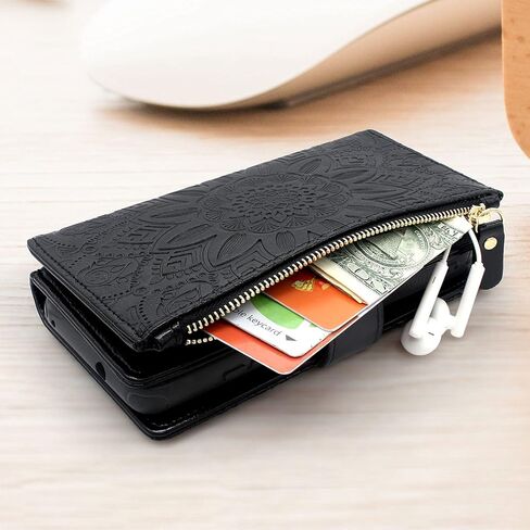 Harryshell Detachable Magnetic Zipper Wallet Leather Case Cash Pocket with 12 Card Slots Holder Wrist Strap for iPhone 8 Plus/iPhone 7 Plus / 6S Plus 5.5 Inch Floral Flower (Black) in Saudi Arabia