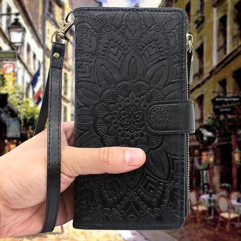 Harryshell Detachable Magnetic Zipper Wallet Leather Case Cash Pocket with 12 Card Slots Holder Wrist Strap for iPhone 8 Plus/iPhone 7 Plus / 6S Plus 5.5 Inch Floral Flower (Black) in Saudi Arabia