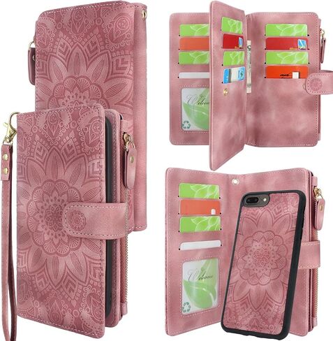 Harryshell Detachable Magnetic Zipper Wallet Leather Case Cash Pocket with 12 Card Slots Holder Wrist Strap for iPhone 8 Plus/iPhone 7 Plus / 6S Plus 5.5 Inch Floral Flower (Black) in Saudi Arabia
