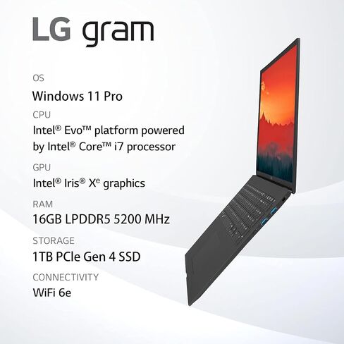 كمبيوتر محمول LG Gram 16 خفيف الوزن يعمل باللمس للأعمال 2024، شاشة 16 بوصة IPS WQXGA 2560 x 1600، الجيل الثالث عشر Intel 12-Core i7-1360P، ذاكرة الوصول العشوائي 16 جيجابايت، 1 تيرابايت SSD، رسومات Iris Xe، لوحة مفاتيح بإضاءة خلفية، Windows 11 Pro in Saudi Arabia