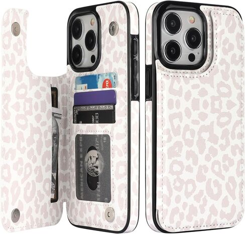 حافظة HAOPINSH لهاتف iPhone 15 Pro Max مع حامل بطاقة، نمط الفهد الأبيض بنمط الفهد الخلفي القابل للطي من جلد البولي يوريثان مع فتحات للبطاقات للنساء والفتيات، غطاء مشبك مغناطيسي مزدوج 6.7 بوصة in Kuwait