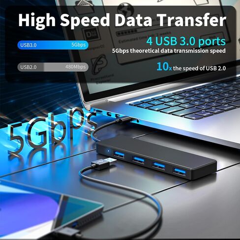 موزع USB 3.0، 4 منافذ USB A موسع USB صغير رفيع للغاية، محور USB متعدد لأجهزة الكمبيوتر المحمول، الكمبيوتر الشخصي، Xbox، محرك أقراص فلاش، HDD، وحدة التحكم، الطابعة، الكاميرا، لوحة المفاتيح، الماوس والمزيد in Saudi Arabia