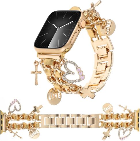 Stylish Metal Bands Compatible with Apple Watch Band 49/45/44/42mm 41/40/38mm Women,Cuban Chain Band with Cute Pendants Love Cross Charms Strap for iWatch Series 9 8 7 6 5 4 3 2 SE Ultra 2 in Saudi Arabia