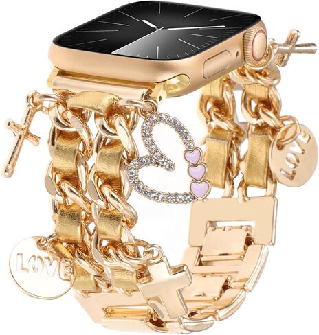 Stylish Metal Bands Compatible with Apple Watch Band 49/45/44/42mm 41/40/38mm Women,Cuban Chain Band with Cute Pendants Love Cross Charms Strap for iWatch Series 9 8 7 6 5 4 3 2 SE Ultra 2 in Saudi Arabia