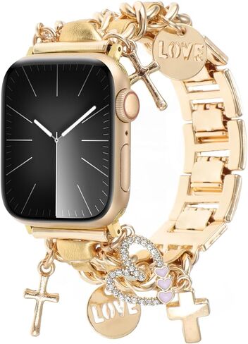 Stylish Metal Bands Compatible with Apple Watch Band 49/45/44/42mm 41/40/38mm Women,Cuban Chain Band with Cute Pendants Love Cross Charms Strap for iWatch Series 9 8 7 6 5 4 3 2 SE Ultra 2 in Saudi Arabia