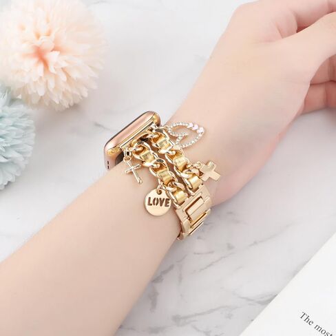 Stylish Metal Bands Compatible with Apple Watch Band 49/45/44/42mm 41/40/38mm Women,Cuban Chain Band with Cute Pendants Love Cross Charms Strap for iWatch Series 9 8 7 6 5 4 3 2 SE Ultra 2 in Saudi Arabia
