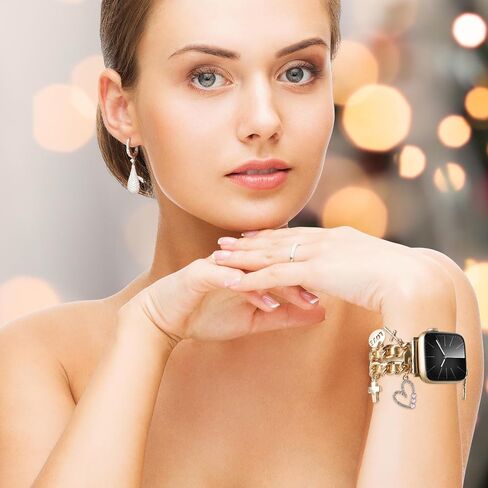 Stylish Metal Bands Compatible with Apple Watch Band 49/45/44/42mm 41/40/38mm Women,Cuban Chain Band with Cute Pendants Love Cross Charms Strap for iWatch Series 9 8 7 6 5 4 3 2 SE Ultra 2 in Saudi Arabia