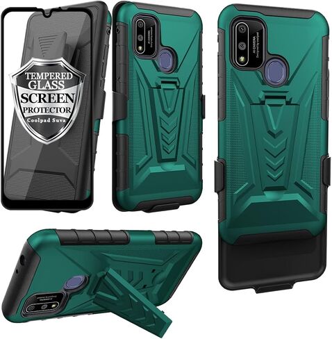 Ailiber متوافق مع حافظة Coolpad Suva، حافظة Coolpad Suva (Boost Mobile) مع واقي شاشة، حافظة بمشبك حزام دوار مع مسند، غطاء عالي التحمل مقاوم للصدمات لكامل الجسم من أجل Suva-Green in Saudi Arabia