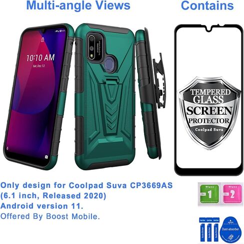 Ailiber متوافق مع حافظة Coolpad Suva، حافظة Coolpad Suva (Boost Mobile) مع واقي شاشة، حافظة بمشبك حزام دوار مع مسند، غطاء عالي التحمل مقاوم للصدمات لكامل الجسم من أجل Suva-Green in Saudi Arabia