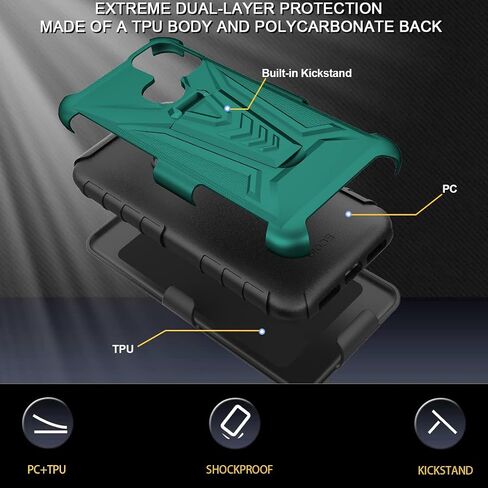 Ailiber متوافق مع حافظة Coolpad Suva، حافظة Coolpad Suva (Boost Mobile) مع واقي شاشة، حافظة بمشبك حزام دوار مع مسند، غطاء عالي التحمل مقاوم للصدمات لكامل الجسم من أجل Suva-Green in Saudi Arabia