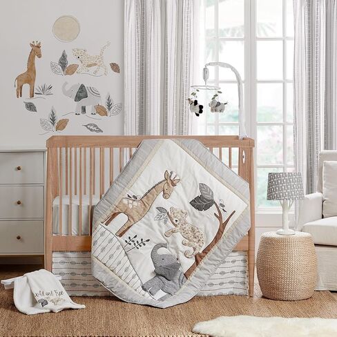 Levtex Baby - طقم سرير أطفال Serengeti - مجموعة حضانة الأطفال - رمادي داكن وأبيض وبني كريمي وفحمي - أصدقاء الغابة - مجموعة مكونة من 5 قطع تتضمن لحافًا وملاءتين مناسبتين وملصقات حائط وتنورة/كشكشة غبار in Kuwait