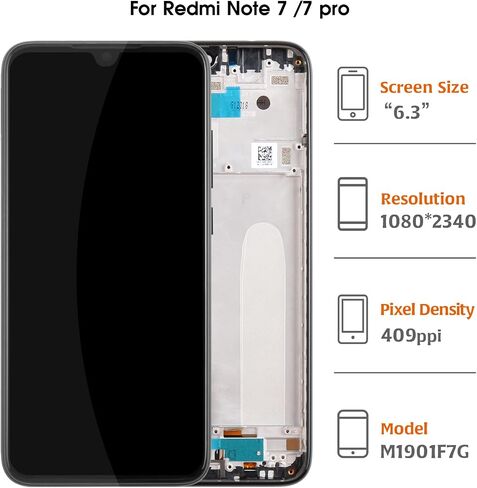 for Xiaomi Redmi Note 7/7 Pro Screen Replacement Touch Digitizer 6.3 inch M1901F7G,M1901F7H,M1901F7I,M1901F7S LCD Display Full Assembly Repair Kits,with Tools(Black with Frame) in Saudi Arabia