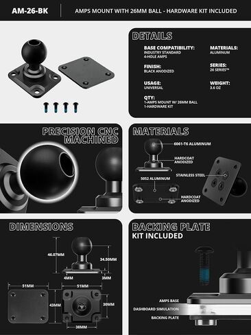 Tackform (5 Pack) AMPS Mount - 25.4mm/1"/B-Sized System Compatible | CNC 6061-T6 Aluminum Ball | 4-Hole Drill Base | Mount Direct to Dash, AMPS, or Grid Style Brackets | Includes Hardware Kit | in Saudi Arabia