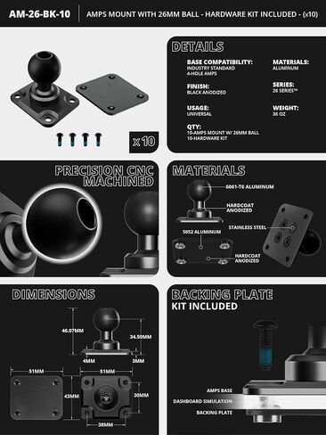 Tackform (5 Pack) AMPS Mount - 25.4mm/1"/B-Sized System Compatible | CNC 6061-T6 Aluminum Ball | 4-Hole Drill Base | Mount Direct to Dash, AMPS, or Grid Style Brackets | Includes Hardware Kit | in Saudi Arabia