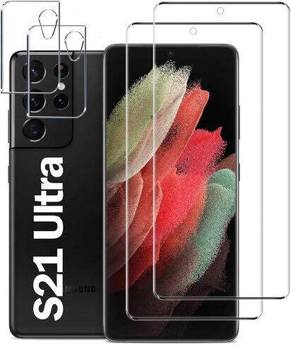 [2+2 Pack] Galaxy S21 Ultra 5G Tempered Glass Screen Protector [9H Hardness][Ultrasonic Fingerprint Unlock][3D Curved] for Samsung Galaxy S21 Ultra 5G HD Tempered Glass Protector in Saudi Arabia