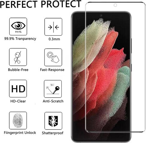 [2+2 Pack] Galaxy S21 Ultra 5G Tempered Glass Screen Protector [9H Hardness][Ultrasonic Fingerprint Unlock][3D Curved] for Samsung Galaxy S21 Ultra 5G HD Tempered Glass Protector in Saudi Arabia