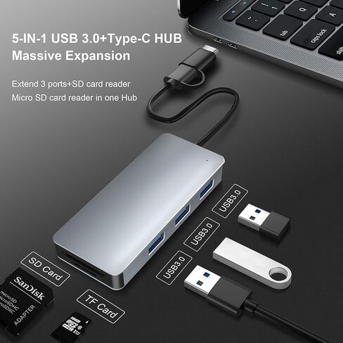 محور USB، محول محور USB C ذو 3 منافذ يدعم وظيفة OTG، محور USB 3.0 5 في 1 مع كابل 25 سم، 3 منافذ USB 3.0، بطاقة SD/TF متوافقة مع Matebook، Mac OS، Windows، Linux، Vista، المزيد من الأجهزة من النوع C . in Kuwait