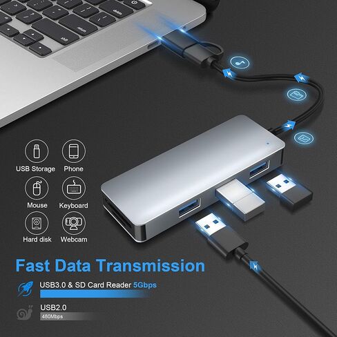 محور USB، محول محور USB C ذو 3 منافذ يدعم وظيفة OTG، محور USB 3.0 5 في 1 مع كابل 25 سم، 3 منافذ USB 3.0، بطاقة SD/TF متوافقة مع Matebook، Mac OS، Windows، Linux، Vista، المزيد من الأجهزة من النوع C . in Kuwait