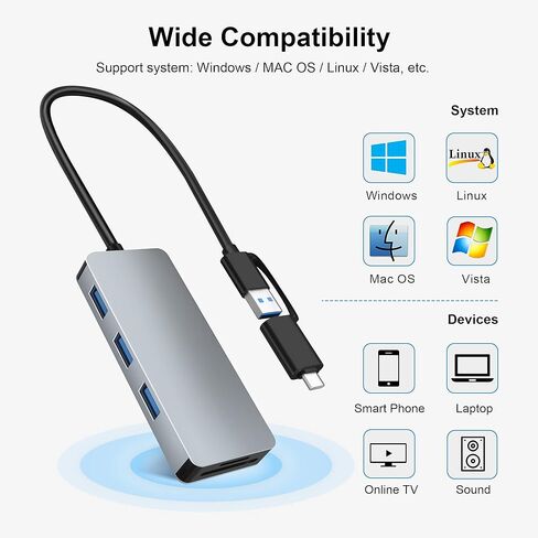 محور USB، محول محور USB C ذو 3 منافذ يدعم وظيفة OTG، محور USB 3.0 5 في 1 مع كابل 25 سم، 3 منافذ USB 3.0، بطاقة SD/TF متوافقة مع Matebook، Mac OS، Windows، Linux، Vista، المزيد من الأجهزة من النوع C . in Kuwait