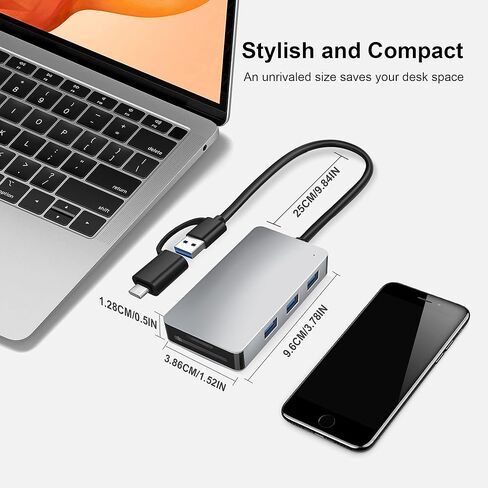 محور USB، محول محور USB C ذو 3 منافذ يدعم وظيفة OTG، محور USB 3.0 5 في 1 مع كابل 25 سم، 3 منافذ USB 3.0، بطاقة SD/TF متوافقة مع Matebook، Mac OS، Windows، Linux، Vista، المزيد من الأجهزة من النوع C . in Kuwait