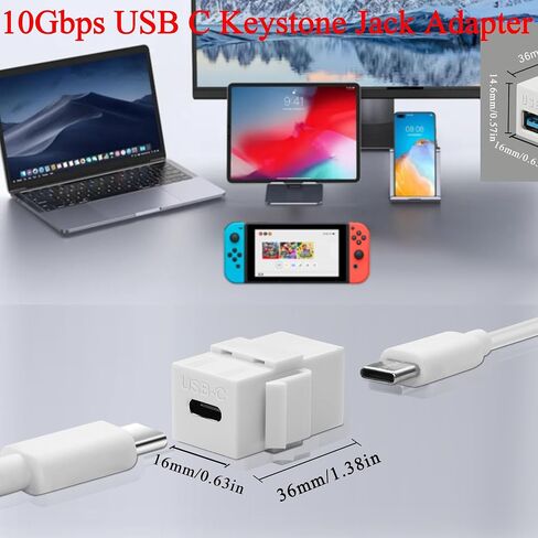 QIANRENON 10 جيجابت في الثانية USB C كيستون جاك محول USB3.1 نوع C أنثى إلى أنثى مقبس حجر الزاوية USB C كيستون لوحة الحائط وحدة موصل 100 واط شحن، للوحة التصحيح لوحة الحائط، أبيض، قطعتان in Saudi Arabia