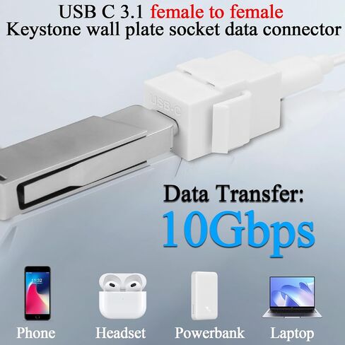 QIANRENON 10 جيجابت في الثانية USB C كيستون جاك محول USB3.1 نوع C أنثى إلى أنثى مقبس حجر الزاوية USB C كيستون لوحة الحائط وحدة موصل 100 واط شحن، للوحة التصحيح لوحة الحائط، أبيض، قطعتان in Saudi Arabia