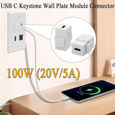 QIANRENON 10 جيجابت في الثانية USB C كيستون جاك محول USB3.1 نوع C أنثى إلى أنثى مقبس حجر الزاوية USB C كيستون لوحة الحائط وحدة موصل 100 واط شحن، للوحة التصحيح لوحة الحائط، أبيض، قطعتان in Saudi Arabia
