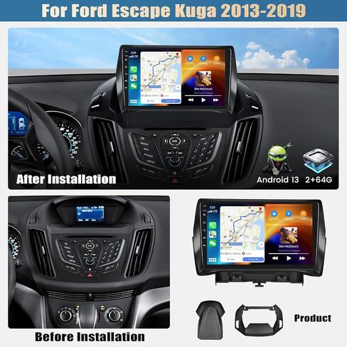 [2+64G] ستيريو سيارة Android 13 لسيارة Ford Escape Kuga 2013-2019 مع Carplay اللاسلكي وAndroid Auto، راديو سيارة بشاشة تعمل باللمس 9 بوصة مع GPS WiFi Bluetooth FM/RDS SWC AUX-in+AHD كاميرا احتياطية in Saudi Arabia
