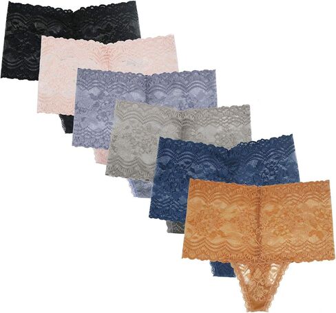 High Waist Lace Thongs Underwear For Women Plus Size Floral High Rise Lacy Retro Thong Pantie Pack of 6 in Saudi Arabia