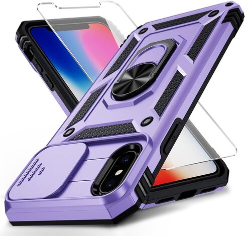 for iPhone Xs Max Case with Slide Lens Cover, HD Screen Protector, Military Grade Drop Protection, Magnetic Rotated Ring Holder Kickstand Phone Case (Black) in Saudi Arabia