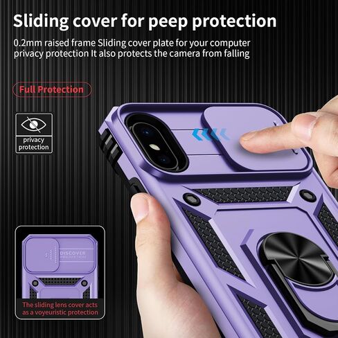 for iPhone Xs Max Case with Slide Lens Cover, HD Screen Protector, Military Grade Drop Protection, Magnetic Rotated Ring Holder Kickstand Phone Case (Black) in Saudi Arabia