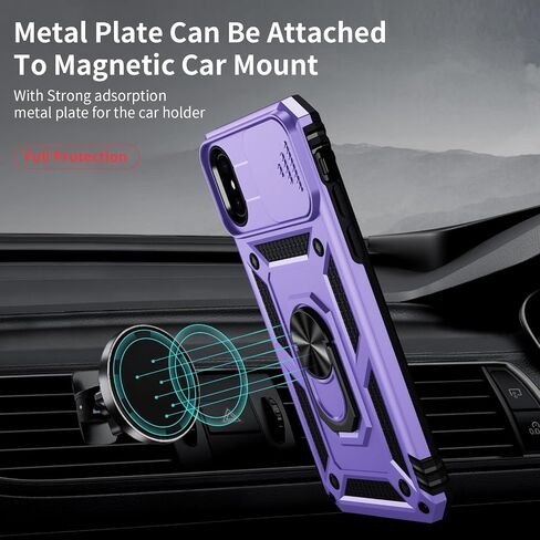 for iPhone Xs Max Case with Slide Lens Cover, HD Screen Protector, Military Grade Drop Protection, Magnetic Rotated Ring Holder Kickstand Phone Case (Black) in Saudi Arabia