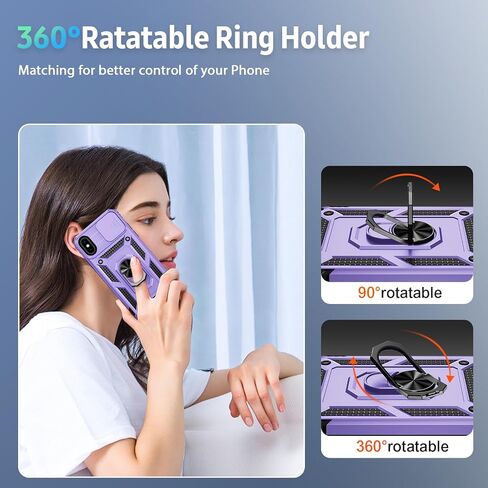 for iPhone Xs Max Case with Slide Lens Cover, HD Screen Protector, Military Grade Drop Protection, Magnetic Rotated Ring Holder Kickstand Phone Case (Black) in Saudi Arabia