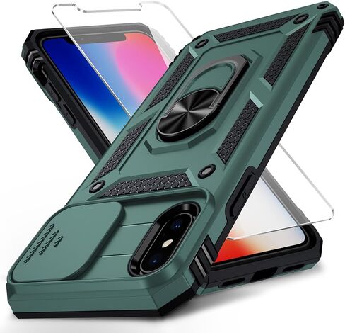 for iPhone Xs Max Case with Slide Lens Cover, HD Screen Protector, Military Grade Drop Protection, Magnetic Rotated Ring Holder Kickstand Phone Case (Black) in Saudi Arabia