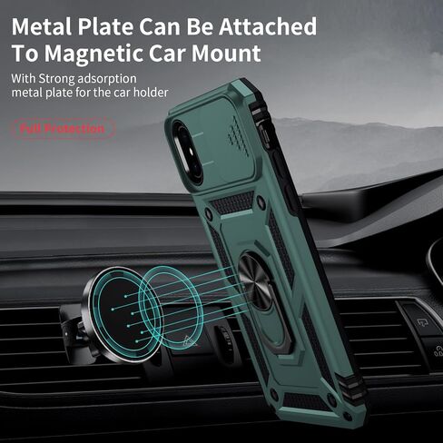 for iPhone Xs Max Case with Slide Lens Cover, HD Screen Protector, Military Grade Drop Protection, Magnetic Rotated Ring Holder Kickstand Phone Case (Black) in Saudi Arabia