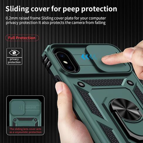 for iPhone Xs Max Case with Slide Lens Cover, HD Screen Protector, Military Grade Drop Protection, Magnetic Rotated Ring Holder Kickstand Phone Case (Black) in Saudi Arabia