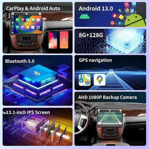 Car Radio for GMC Yukon Chevrolet Silverado Tahoe Suburban 2007-2014 Stereo 13.1 Inch IPS Touch Screen Android 13 Car Radio with Carplay & Android Auto WiFi GPS BT 5.0 FM/AM 8+128G in Saudi Arabia