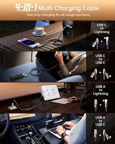 4-in-1 [Upgraded] USB C Cable 55W 3FT, 90 Degree Fast Charging Nylon Braided for iPhone iPad Charger Cord Right Angle [480Mbps Data Sync] Multi Charging Cable Combo with L/USB C/USB A Ports in Saudi Arabia