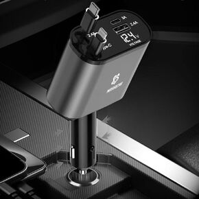Retractable USB C Car Charger 4-in-1, 120W with 2.6ft Type C Cable, QC 3.0 & PD 3.0 Super Fast Charging for iPhone 12/13/14/15, Samsung Galaxy, iPad, Google Pixel and More
