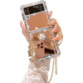 for Samsung Galaxy Z Flip 4 5G Mirror Case with Crossbody Lanyard Luxury 3D Sparkle Crystal Diamond Bling Glitter Cute Slim Makeup Hard PC Phone Case for Galaxy Z Flip 4 Women Girls, Gold