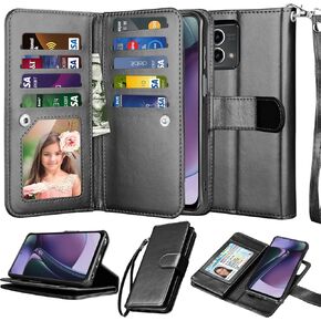 NJJEX Wallet Case for Motorola Moto G Power 5G 2024, for Moto G Power 5G 2024 Case, [9 Card Slots] PU Leather ID Credit Holder Folio Flip [Detachable] Kickstand Magnetic Phone Cover & Lanyard [Black]