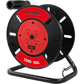 Extension Cord Storage Reel with 4-Grounded Outlets, Heavy Duty Open Cord Reel for 12/3 14/3 16/3 Power Cords, Portable Empty Hand Crank Electric Cord Roller Holder, Green