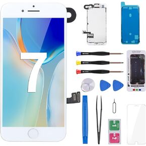 for iPhone 7 Screen Replacement with Home Button Earpiece Ear Speaker White 3D Touch LCD Display Assembly Fix Tools Magnetic Screw Mat with Front Camera Speaker Repair Kit A1660 A1778 A1779