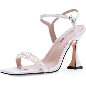 Women's High Heel Open Toe Pearl Satin Sandals Ankle Strap Buckle Bridesmaid Bride Party Wedding Shoes